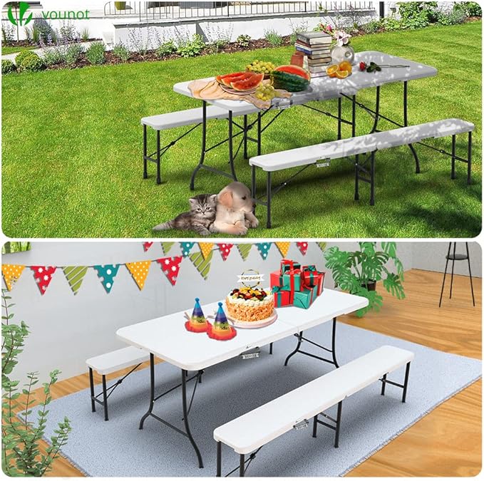 Ensemble table pliante et 2 bancs blanc 180x75x72cm