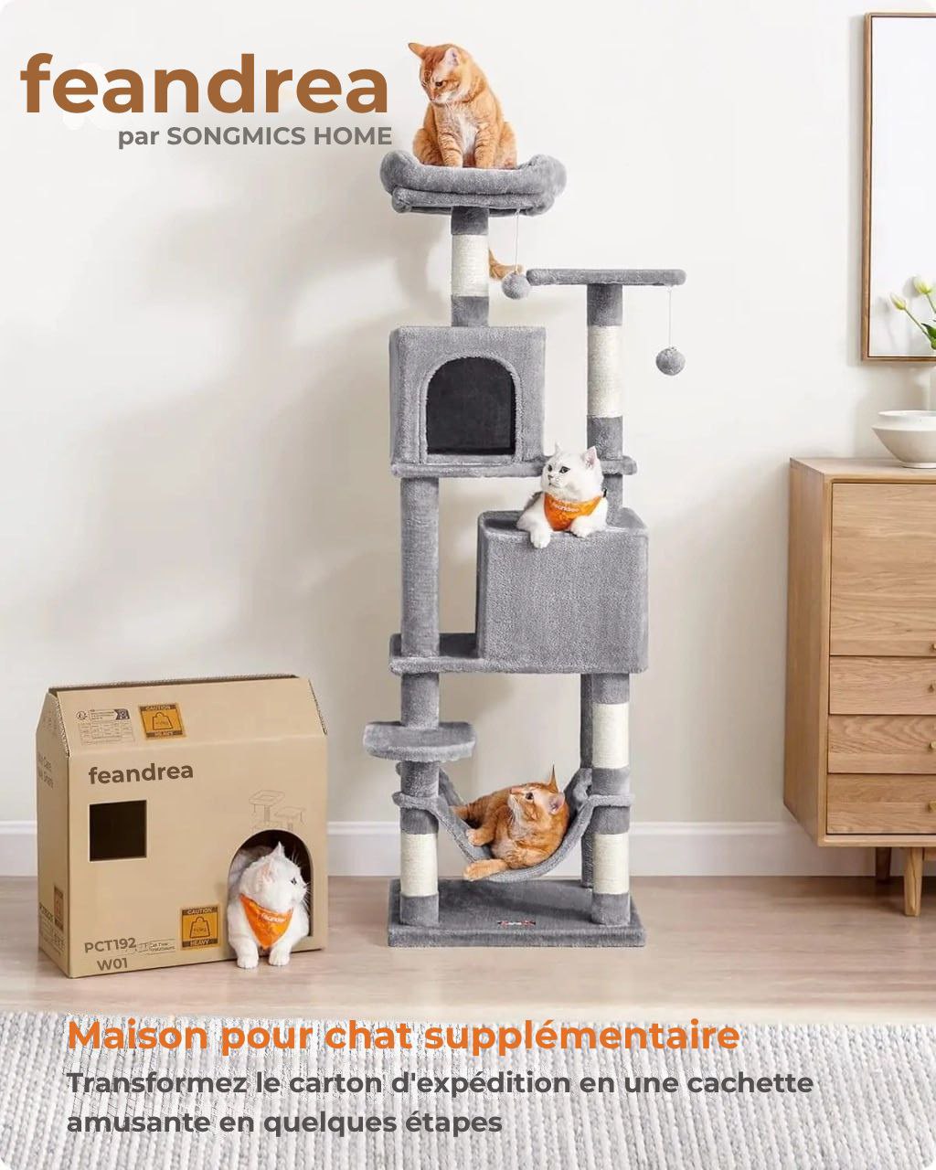 Arbre à chat Feandrea 154 cm –Tour d’escalade en peluche avec 5 poteaux à griffer, 2 plateformes