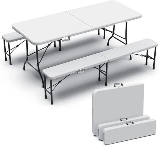Ensemble table pliante et 2 bancs blanc 180x75x72cm
