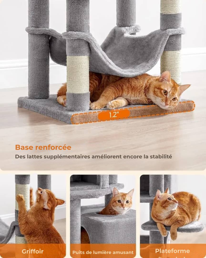 Arbre à chat Feandrea 154 cm –Tour d’escalade en peluche avec 5 poteaux à griffer, 2 plateformes
