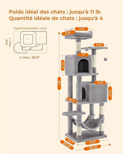 Arbre à chat Feandrea 154 cm –Tour d’escalade en peluche avec 5 poteaux à griffer, 2 plateformes