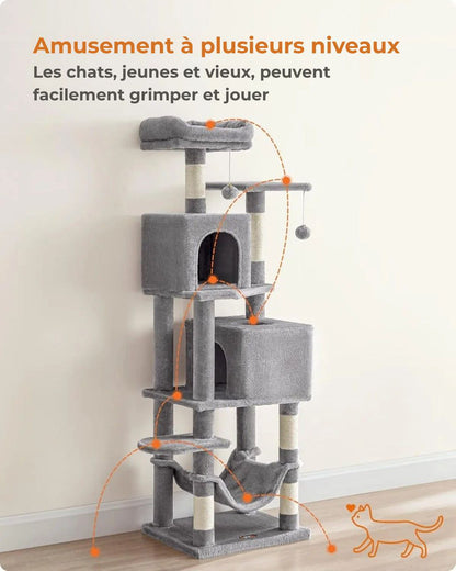 Arbre à chat Feandrea 154 cm –Tour d’escalade en peluche avec 5 poteaux à griffer, 2 plateformes