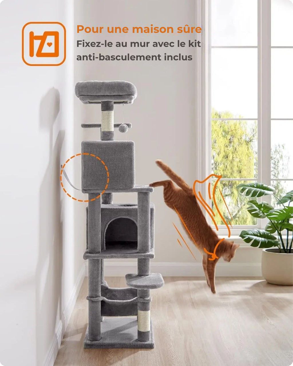 Arbre à chat Feandrea 154 cm –Tour d’escalade en peluche avec 5 poteaux à griffer, 2 plateformes