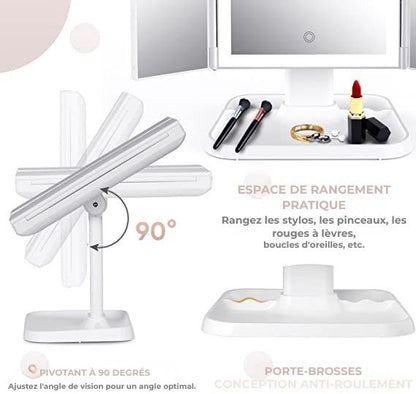 Miroir de maquillage LED à trois volets
