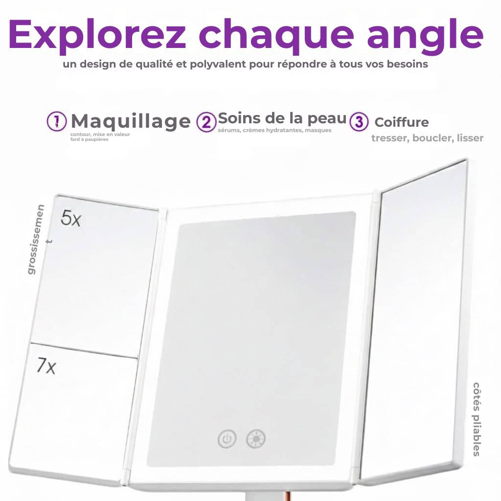 Miroir de maquillage LED à trois volets